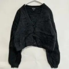 極細シャギー ショート丈カーディガン墨黒ゆるだぼ ボリューム袖 Y2K モヘア風