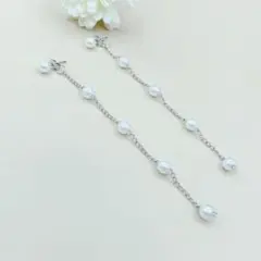 ロング パール 風 チェーン ピアス シルバー 5連 揺れ サージカルステンレス