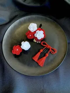 ハンドメイド つまみ細工髪飾り 七五三 成人式 卒業式 赤白　#4