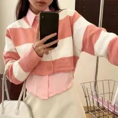 新品 ボーダー柄 ショート丈 ニット カーディガン レディース ピンク F
