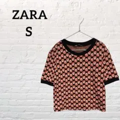 《ザラ》サマーニット　半袖　総柄　ピンク　オレンジ　ブラック【S】丈短め