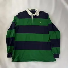 90s希少柄 ラルフローレン 太ボーダー ラガーシャツ 紺緑 ポニー刺繍 L
