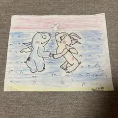 『子供の絵』手描きイラスト スティッチとエンジェル　小学三年生作品のサムネイル
