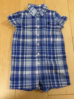 ポロロゴ付き青系チェックロンパース 80cm