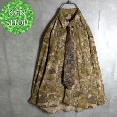 ネクタイシャツ　カーキ　デザイン総柄　ヴィンテージ古着