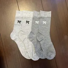 リボン刺繍 グレー靴下 2足セット