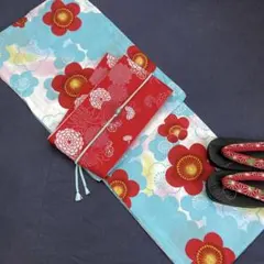 ターコイズ♪小菊に舞胡蝶☆変わり織り 大人 浴衣☆新品 浴衣セット 紺