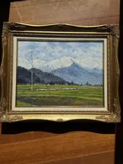 油彩画【雪山風景】肉筆 油絵 サイン有 T.Usuda 額装 豪華ゴールド額縁
