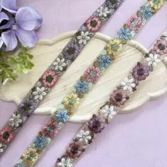 ★セットでお得★【インド刺繍リボン084】2m 3色セット チュール幅2.3cm