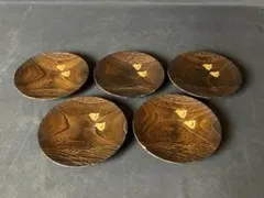 時代 金蒔絵 千鳥波文 拭き漆 銘々皿 5客 木製 銘々盆 茶懐石道具921