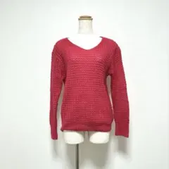 E022ジーユーメッシュニット セーター M ピンク Vネック透かし編みモヘア風