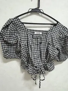チェック柄オフショルダー半袖トップス