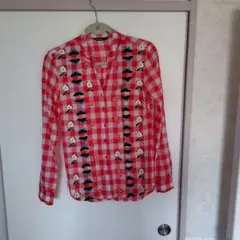 刺繍 赤と白のチェック長袖シャツのサムネイル