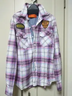 ディッキーズ　レアピンク系オンブレチェック 袖ロールアップ紐 ワッペン 襟ワイヤ