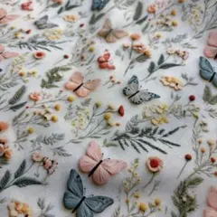 1㍍長3D視感可愛いらし野原で舞う蝶々刺繍風プリント綿シーチング生地ハギレ布