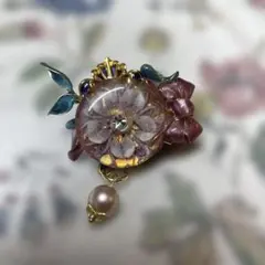 ハンドメイド 花　リボン　ブローチ　ヴィンテージ　パープル