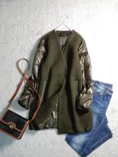 西川ダウン ナノユニバース 異素材切り替え ニット ダウンジャケットコート 38