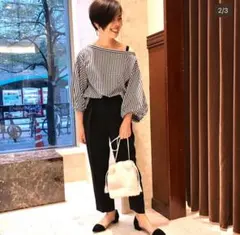 ギンガムチェック オフショルダーバルーンスリーブ