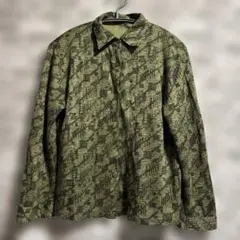 【古着】　ヴィンテージ風 総柄シャツ 幾何学模様 カーキ モスグリーン