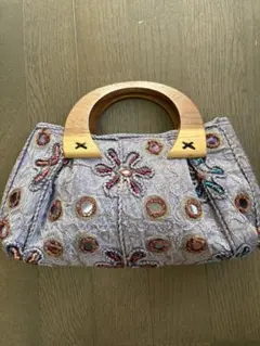 刺繍ビーズ装飾 グレー ハンドバッグ