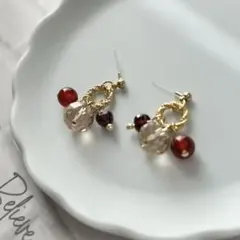 ８９１　天然石カーネリアン＆ガーネットフープ　樹脂ピアス　イヤリング変更OK
