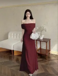 バーガンディオフショルダーロングドレス