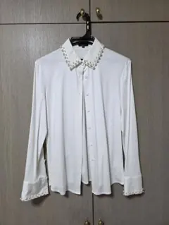 ホワイト パール装飾 長袖シャツ