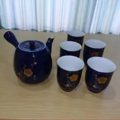 匿名配送　未使用　深川製磁　有田焼　湯呑　茶碗５客　急須セット 瑠璃色　梅型