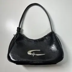 黒 合成皮革 ハンドバッグ シルバー金具付き