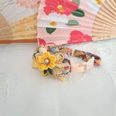 お正月、つまみ細工シングルリボン(黄色)わんちゃん猫ちゃん用首輪