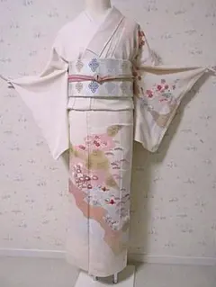 訪問着：美品：松井青々：花とオシドリ：淡いピンク色・袷正絹：しつけ糸：S-19のサムネイル