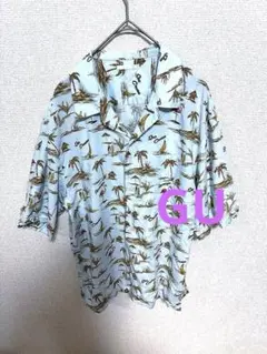 GU アロハシャツ 水色 フラミンゴ柄　接触冷感素材