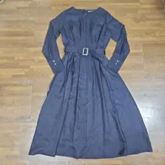 Andemiu ダークネイビー ベルト付きロングドレスワンピース