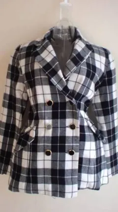 匿名発送*美品*モノトーン＆チェック柄*ロング丈*ピーコート*白×黒