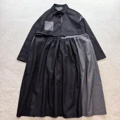 BUYIFAN/F/黒×灰/配色/ロングワンピース/ベルト/ギャザーフレア/春秋