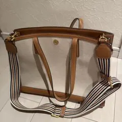 ベージュ/ブラウン トートバッグ キャンバス/レザー
