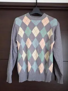 アーガイル柄 グレー系 セーター 長袖　丸首　S-Mサイズ　毛100%　難あり