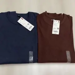 UNIQLO ソフトリブクルーネックT/長袖　2枚　Ｌ（ネイビ・ダークブラウン）のサムネイル