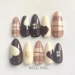 ブラウンチェックネイル ハート バレンタインネイル ガーリーネイル【115】