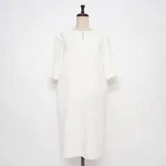 美品 ランバン シボ加工Iラインワンピース ミモレ丈 半袖 白 38*MD963