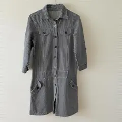 ストライプワンピース　ヒッコリー　インディゴ×白　七分　膝丈　厚地