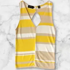 ボーダーノースリーブトップス イエロー ベージュ 背中開き M