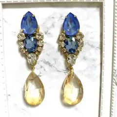 A528♡スワロフスキー　サファイア　ビジュー　セピア　ドロップ　ピアス　ブルー