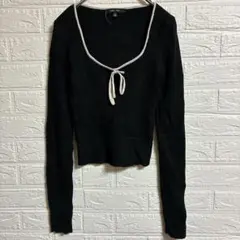 古着♡LOVE TREE【S】黒リボン バイカラー スクエアネック リブニット