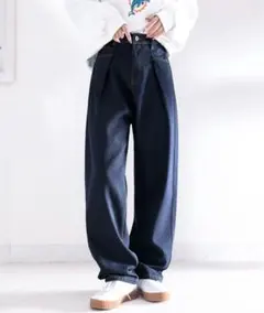 ハイウエストデニム＆チノ タックワイドパンツ