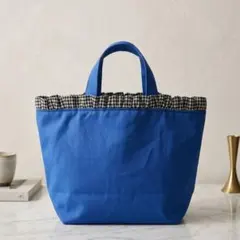 【ハンドメイド】トートバッグ ブルー ギンガムチェック フリル付き