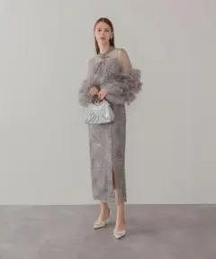 LejaフリルチュールスリーブリボンIラインワンピースドレス