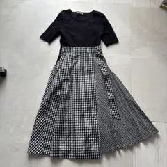 ブラックニット×チェック柄ロングワンピース