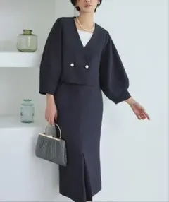 クロップドランタンスリーブジャケットロングタイトスカート2点　ネイビー　S