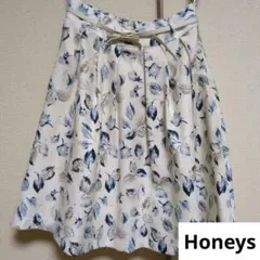 ハニーズ　ひざ丈　スカート　フレア　花柄　ブルー　ホワイト　古着　ベルトなし